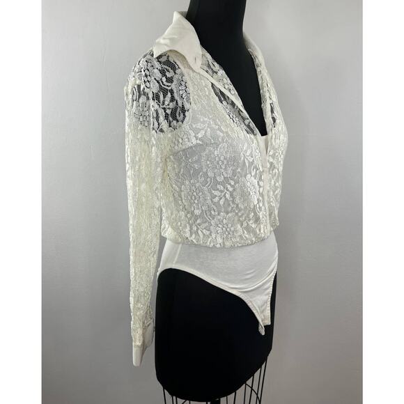 VINTAGE Anxiety Ivory Floral Lace Snap Up Long Sleeve Blouse Bodysuit Top VTG M - Picture 4 of 7